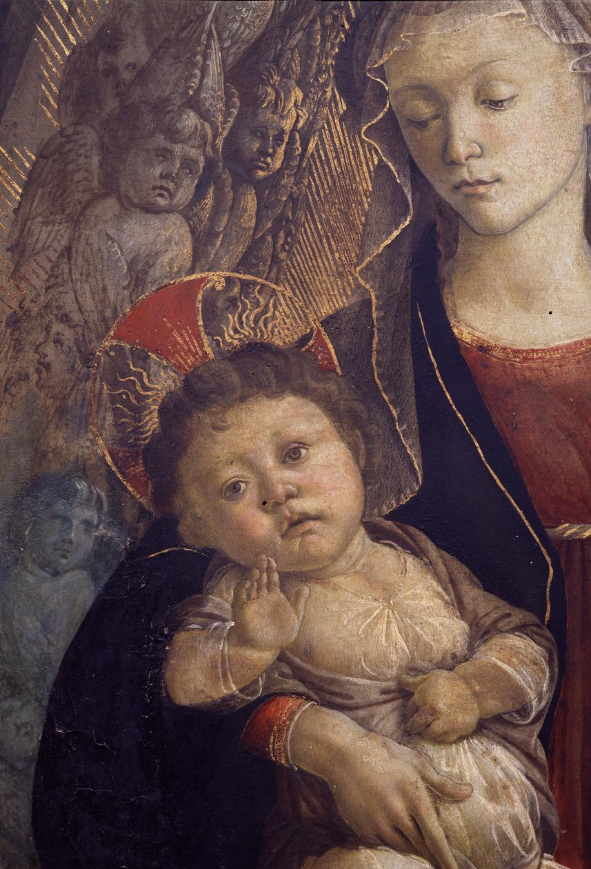 The Madonna and Child in Glory, detalje af of Child, 1468 tempera på paneldetalje af 85673 af Sandro Botticelli