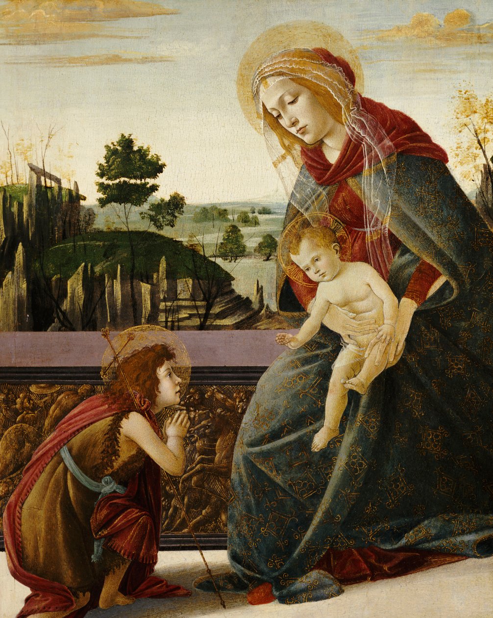 Madonnaen og Barnet med den unge Sankt Johannes Døberen i et Landskab af Sandro Botticelli