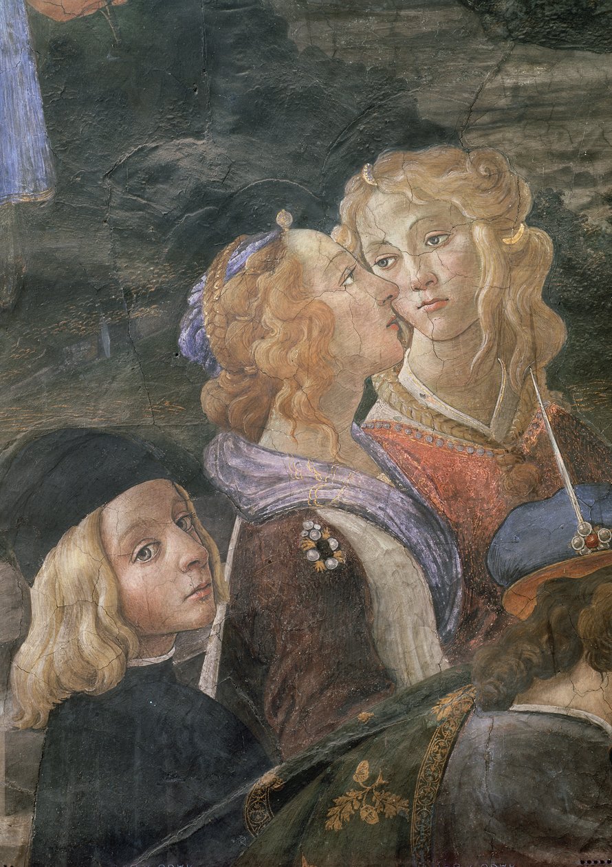 Renselsen af den spedalske og Kristi fristelse, i det sixtinske kapel: detalje af to kvinder og en ung dreng i mængden, fresko fra 1481 af Sandro Botticelli