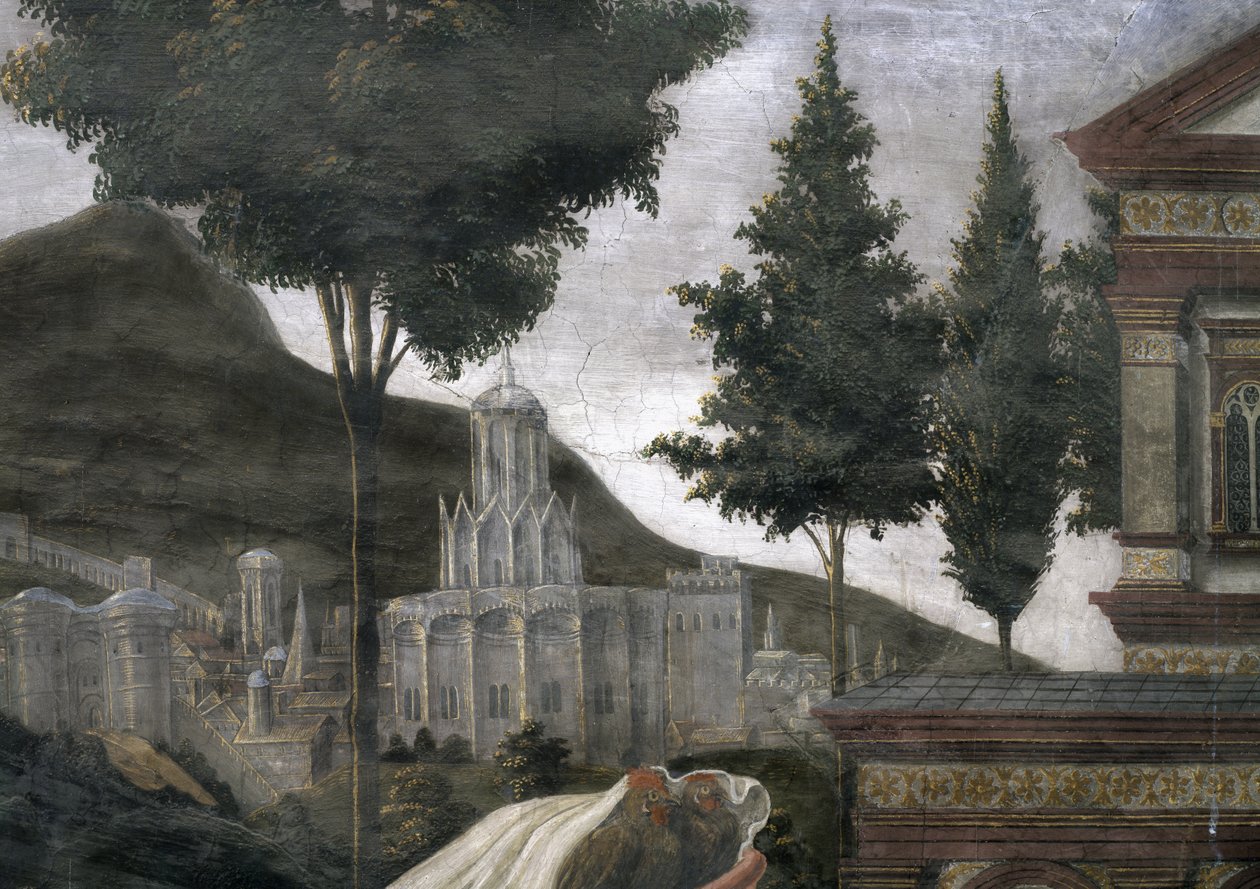 Rensningen af den spedalske og Kristi fristelse, i det sixtinske kapel: detalje af en imaginær by i et landskab, fresko fra 1481 af Sandro Botticelli