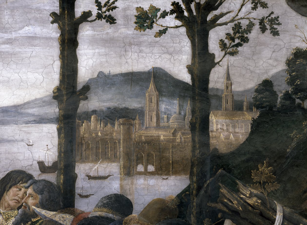Rensningen af den spedalske og Kristi fristelse, i Det Sixtinske Kapel: detalje af en imaginær havneby i et landskab, fresko fra 1481 af Sandro Botticelli