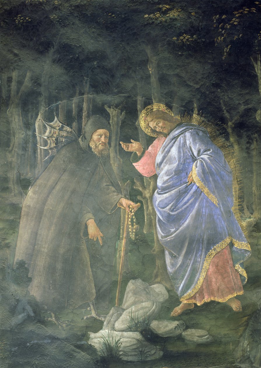 Renselsen af den spedalske og Kristi fristelse, i det sixtinske kapel: detalje af djævelen, der udfordrer Jesus til at forvandle sten til brød, fresko fra 1481 af Sandro Botticelli