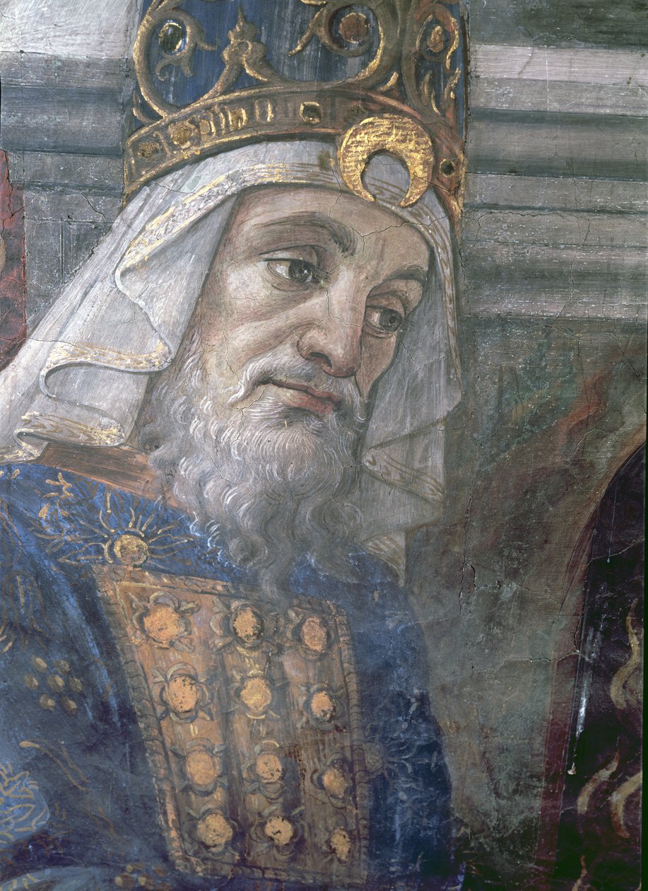 Renselsen af den spedalske og Kristi fristelse, i Det Sixtinske Kapel: detalje af præstens hoved, fresko fra 1481 af Sandro Botticelli