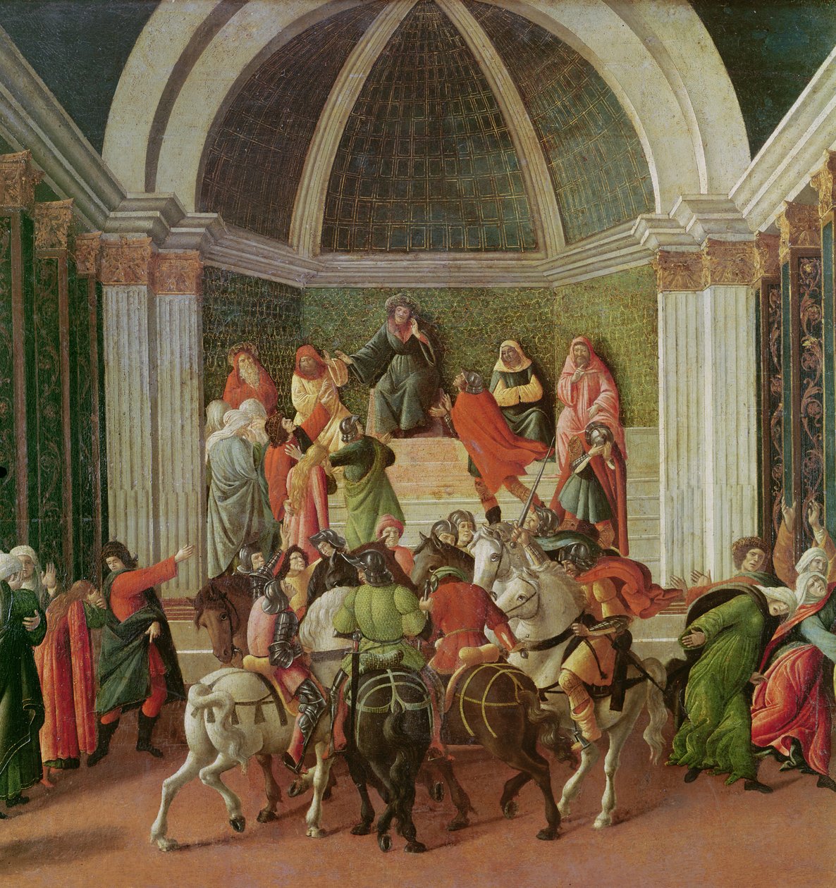 The Story of Virginia detalje af centret: Virginia est dømt og dømt til slaveri, 1500-04 tempera på panel af Sandro Botticelli