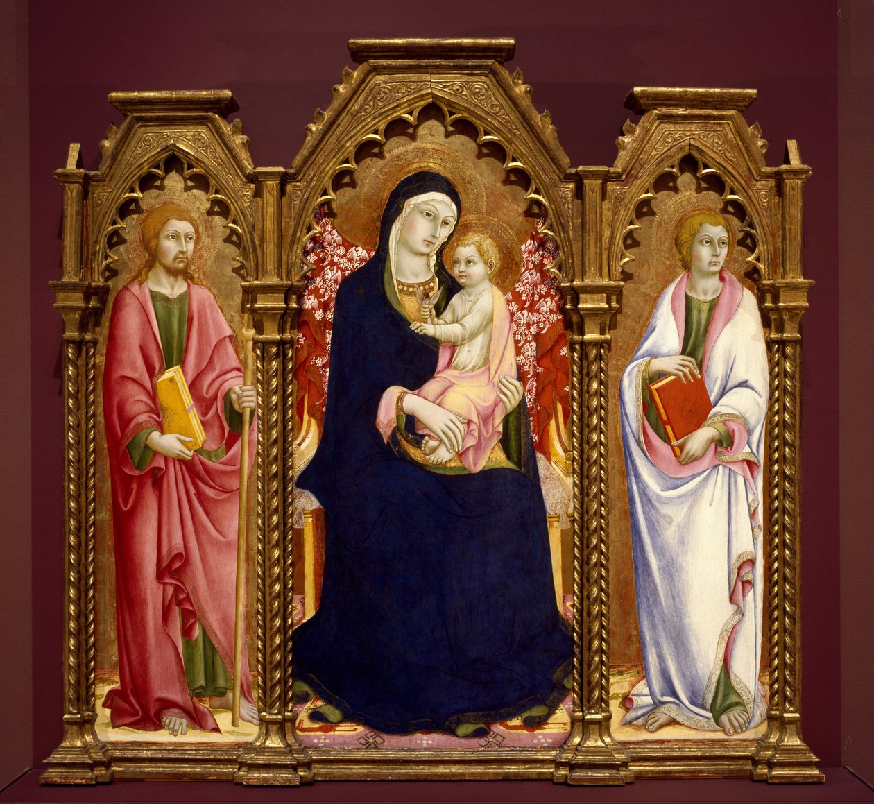 Madonna og barn med de hellige James Major og Johannes Evangelisten, altertavle af Sano di Pietro