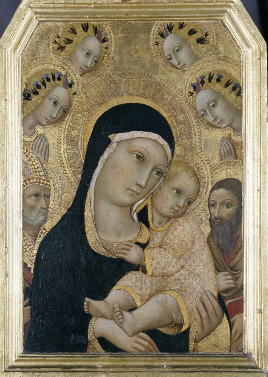 Madonna og barn med engle og hellige, ca. 1450 (tempera på poppeltræ) af Sano di Pietro