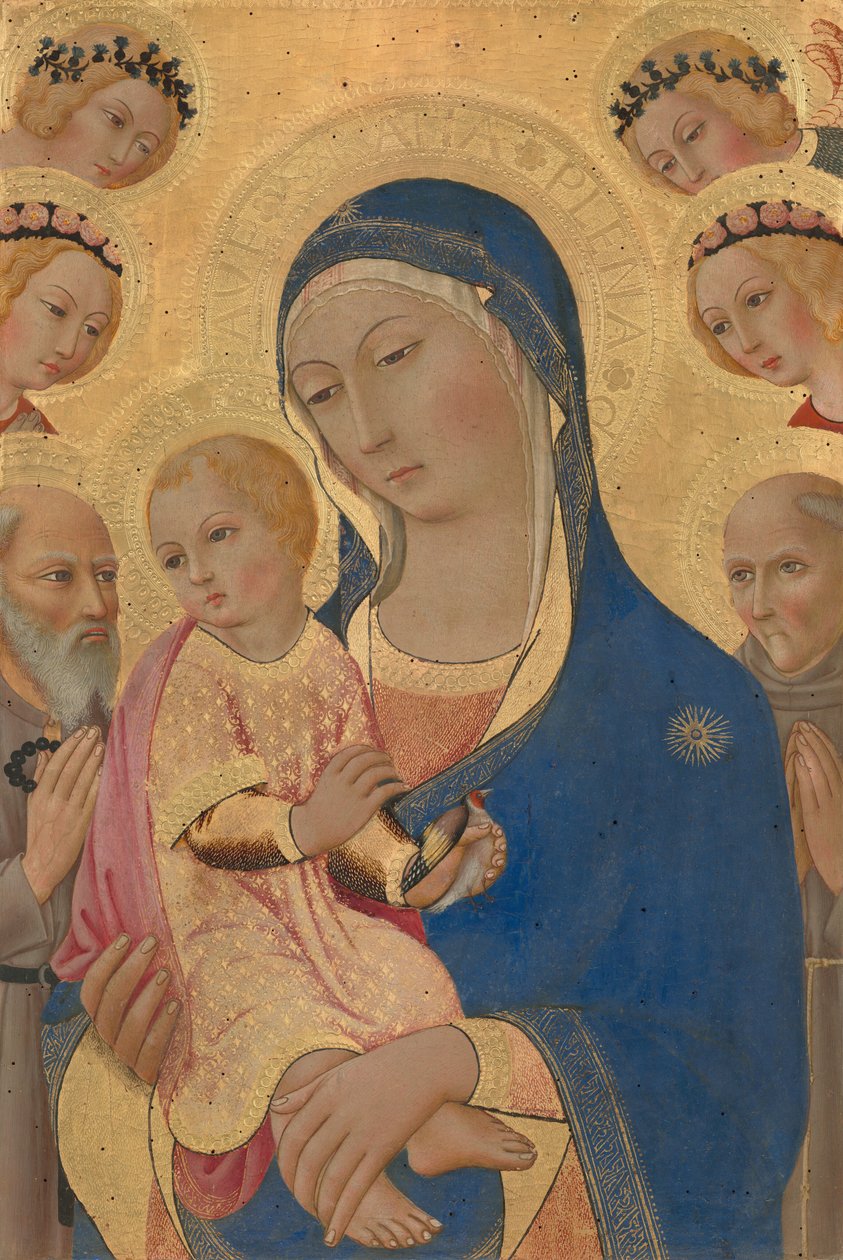 Madonna og barn med Sankt Jerome, Sankt Bernardino og engle, ca. 14601470. af Sano di Pietro