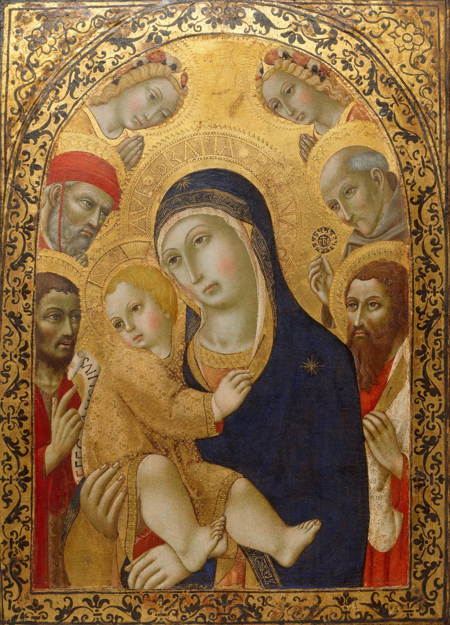 Madonna og barn med de hellige Hieronymus, Johannes Døberen, Bernardino og Bartholomew, ca 1450-1475 af Sano di Pietro