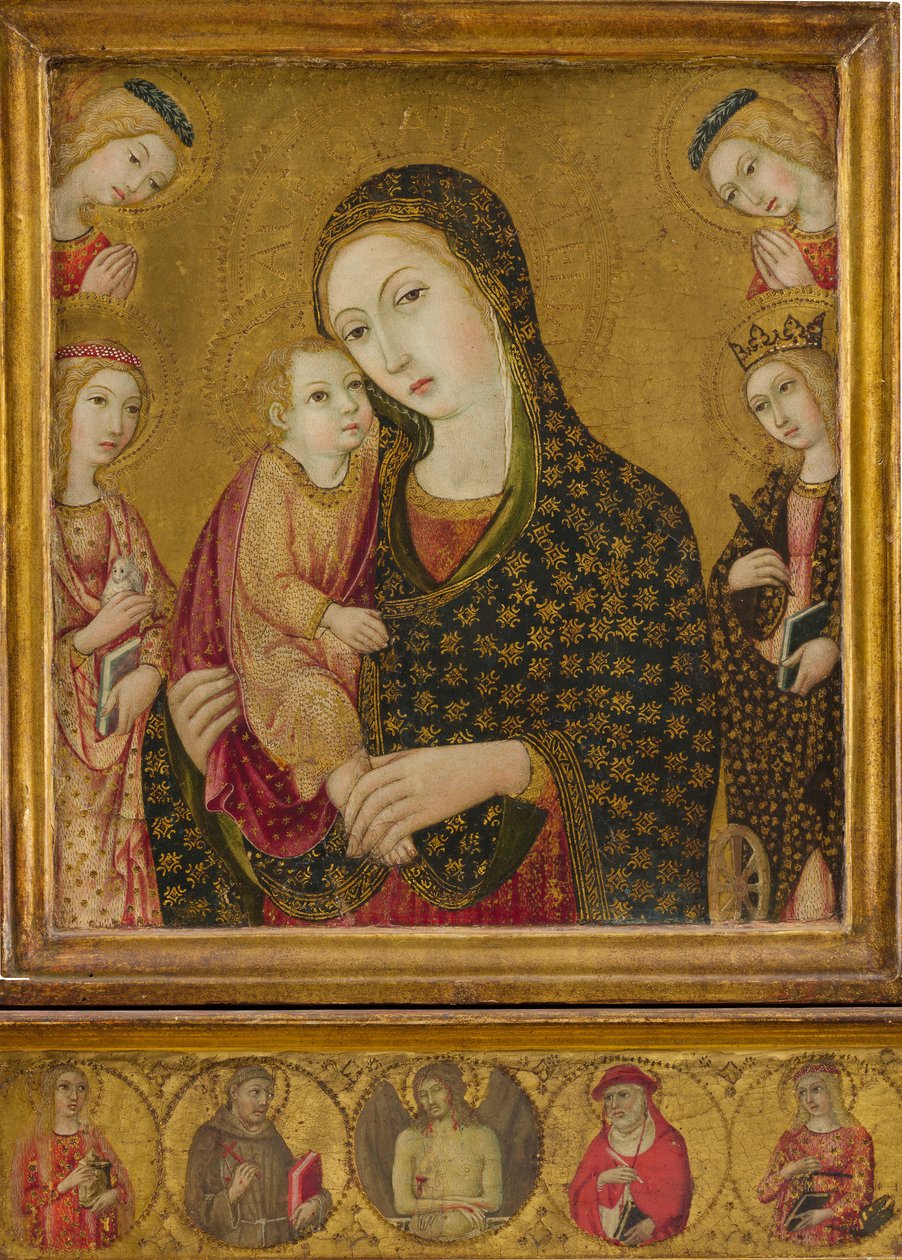 Madonna og barn med den døde Kristus, de hellige Agnes og Catherine af Alexandria...ca. 1470-80. af Sano di Pietro