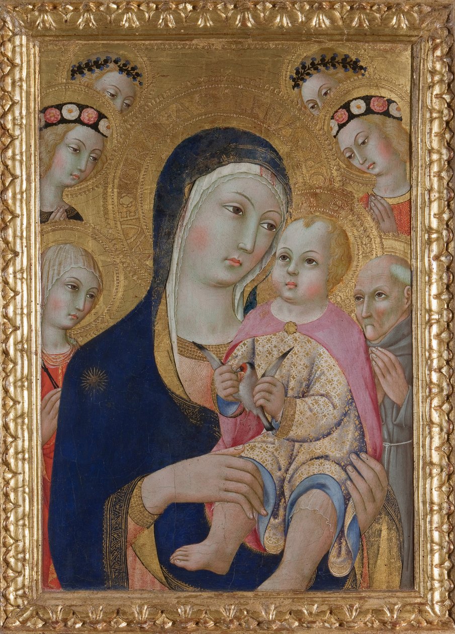 Madonna med barn, de hellige Apollonia og Bernardino og fire engle, ca 1460 af Sano di Pietro
