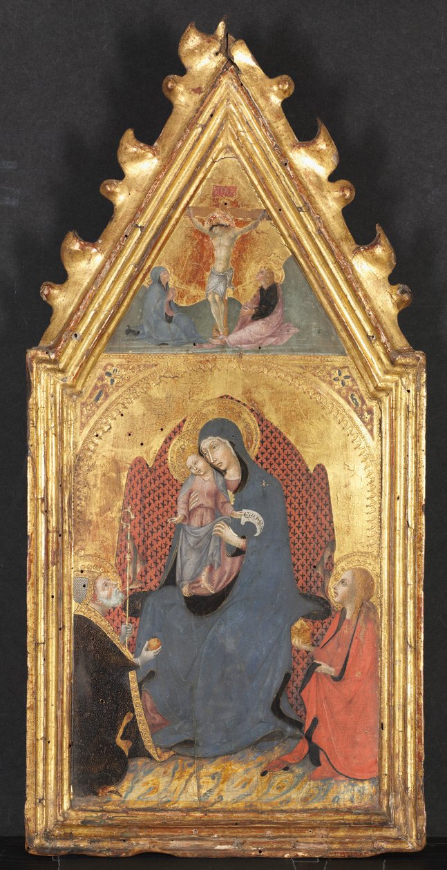 Jomfru og barn tilbedt af de hellige Maria Magdalene og Nicolas af Bari, Kristus korsfæstet..., 1400-tallet. af Sano di Pietro
