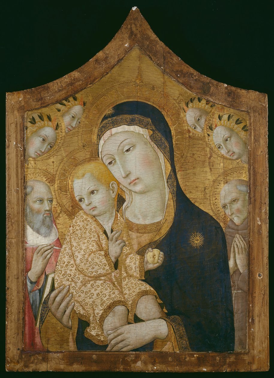 Jomfru og barn med de hellige Jerome, Bernardino af Siena og engle, 145060. af Sano di Pietro