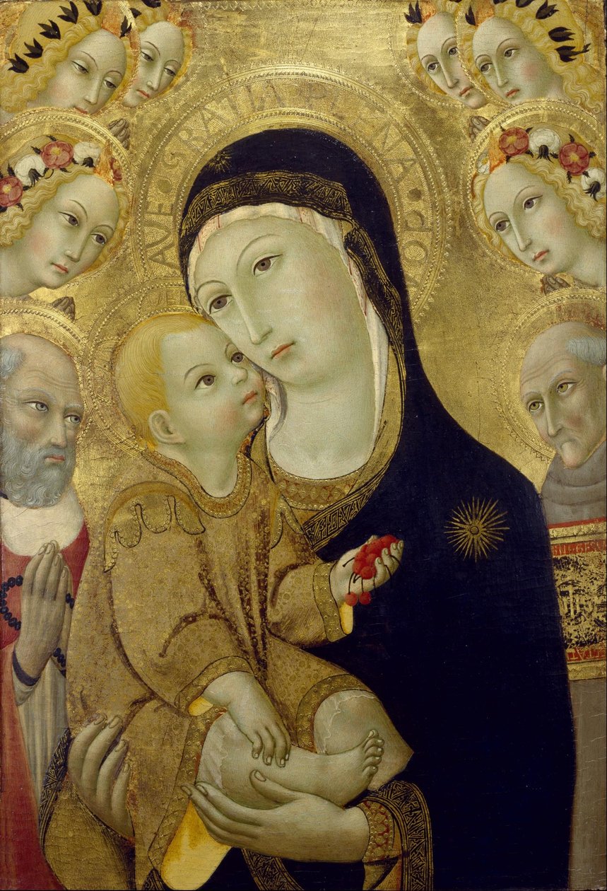Jomfru Maria med barnet, de hellige Hieronymus og Bernardino af Siena samt seks engle af Sano di Pietro