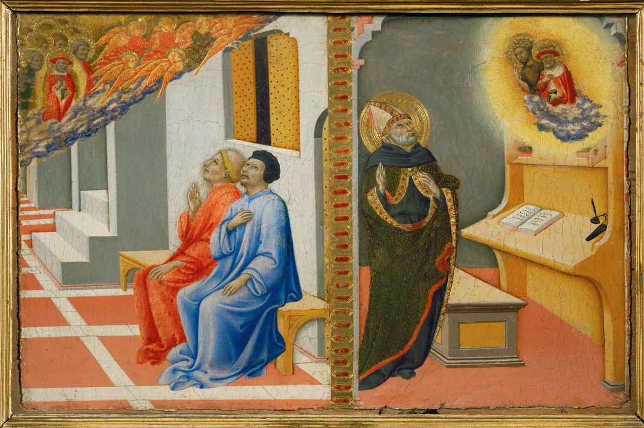 Efter hans død viser Sankt Hieronymus sig for Sulpice Severius og derefter for Sankt Augustin sammen med Sankt Johannes Døber ... af Sano di also Ansano di Pietro di Mencio Pietro