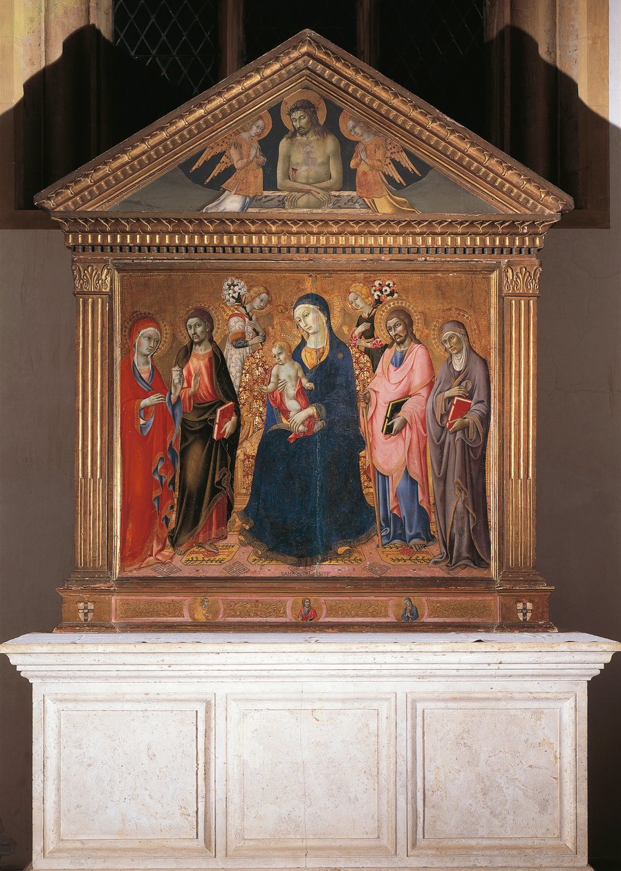 Madonna og barn med hellige og Kristus i Pieta af Sano di also Ansano di Pietro di Mencio Pietro