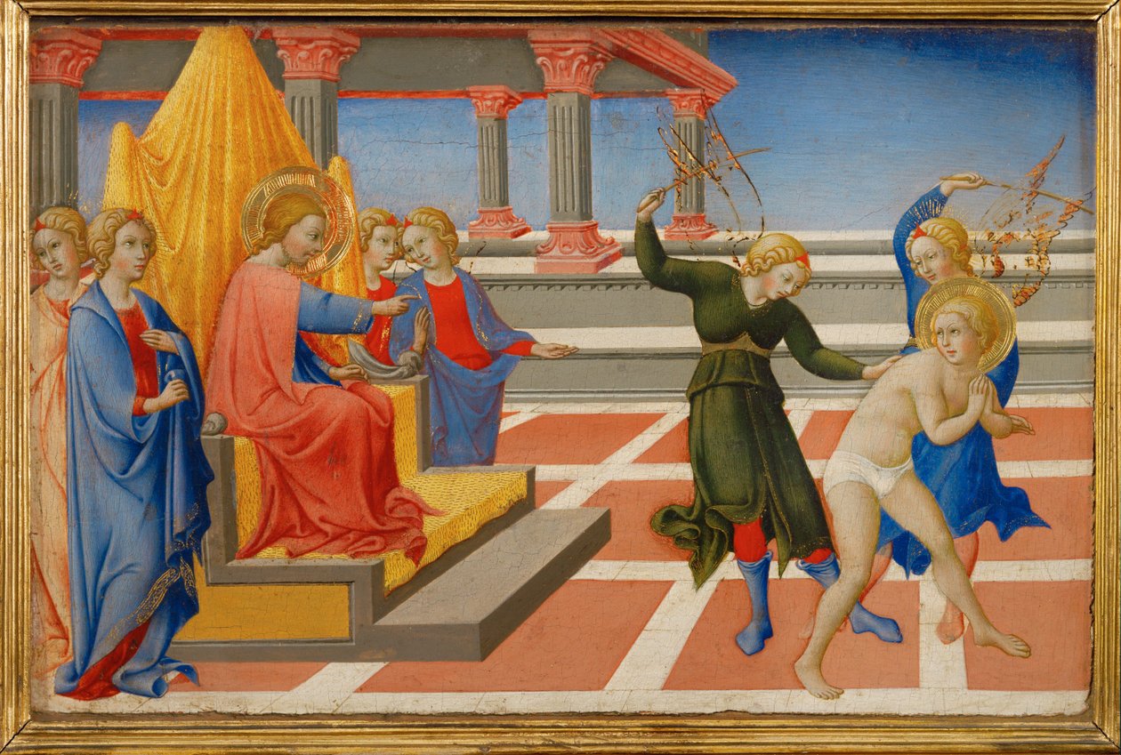 Sankt Hieronymus drømmer, at Kristus beordrer sin flagellation af to engle ... af Sano di also Ansano di Pietro di Mencio Pietro