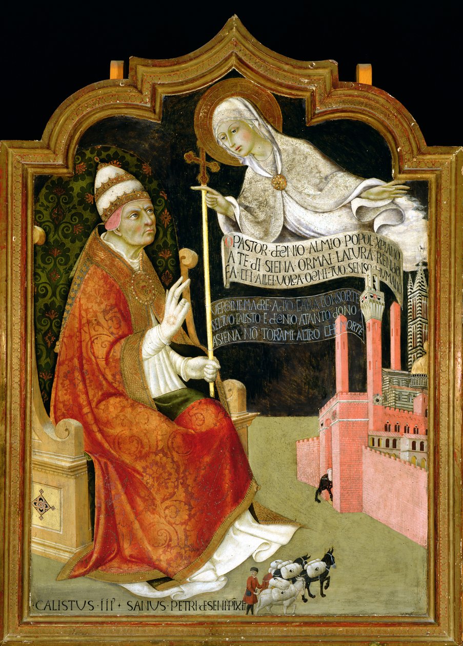 Jomfruens åbenbaring til pave Calixtus III (1378-1458) 1455-58 (olie på panel) af Sano di also Ansano di Pietro di Mencio Pietro