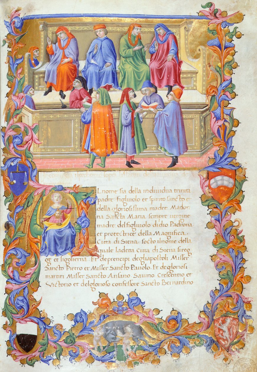 The Tribunal of Merchandise, miniaturer fra købmandsstatutter nr. 6 af Sano di Pietro. af Sano di also Ansano di Pietro di Mencio Pietro