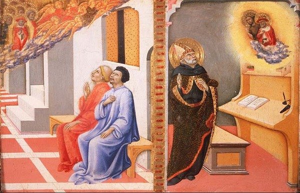 Visioner af (LtoR) St. Hieronymus og St. Johannes Døberen af Sano di also Ansano di Pietro di Mencio Pietro