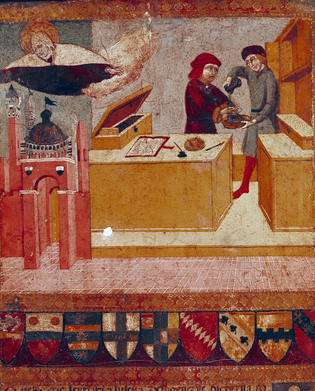 Camerlingvisten vasker symbolsk sine hænder, mens den velvillige og beskyttende Jomfru flyver over byen Siena Detail. Træmaleri af Sano di Pietro (1406-1481) udsmykning af en Biccherna (omslag af regnskabsregisteret for byen Siena) 1451. af Sano di also Ansano di Pietro di Mencio Pietro