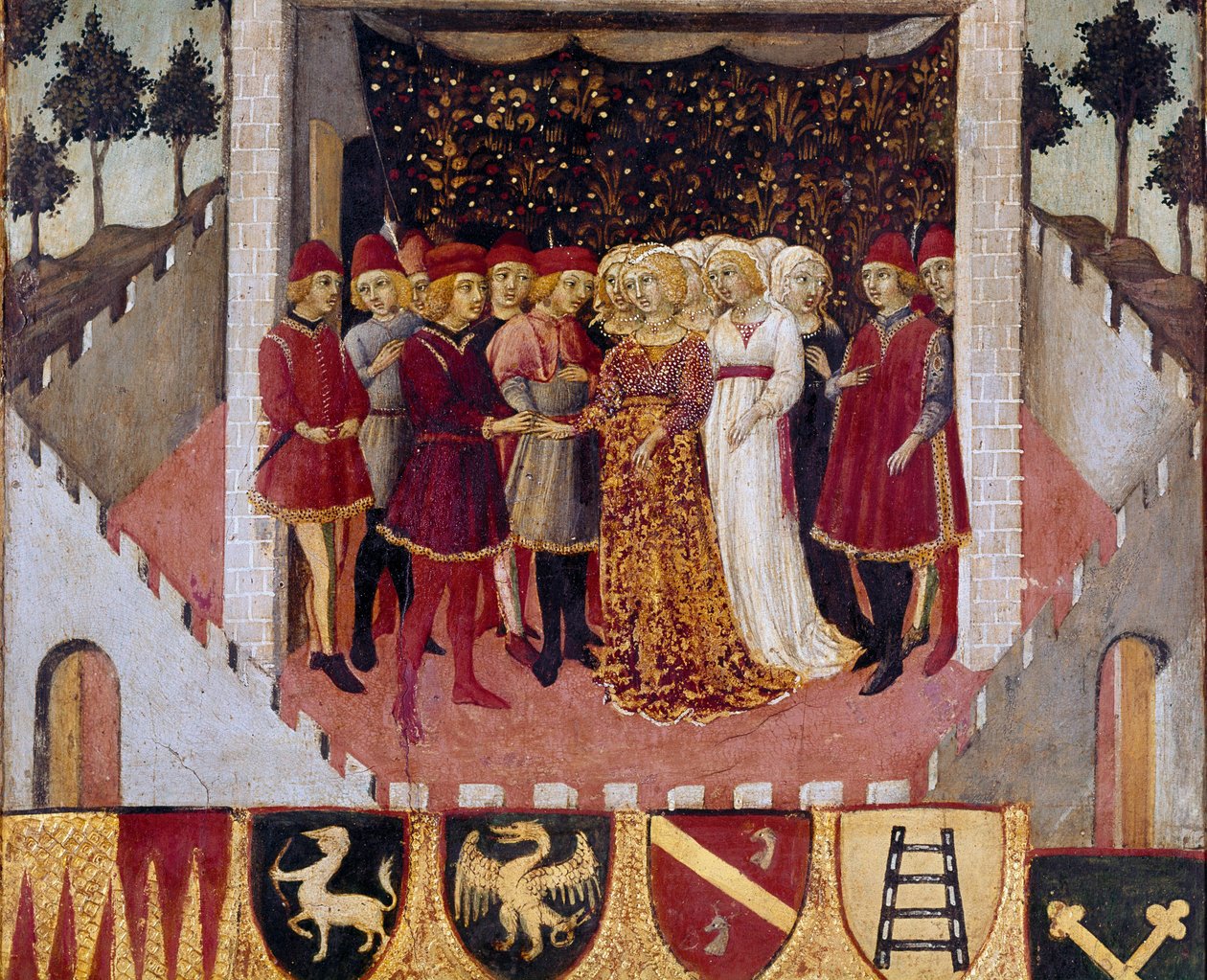 Bryllupsceremoni for et par af adelen i byen Siena Maleri af Sano di Pietro (1406-1481) udsmykning af en Biccherna (omslag af regnskabsregisteret for byen Siena) 1473. Siena Archivio di Stato, Italien af Sano di also Ansano di Pietro di Mencio Pietro