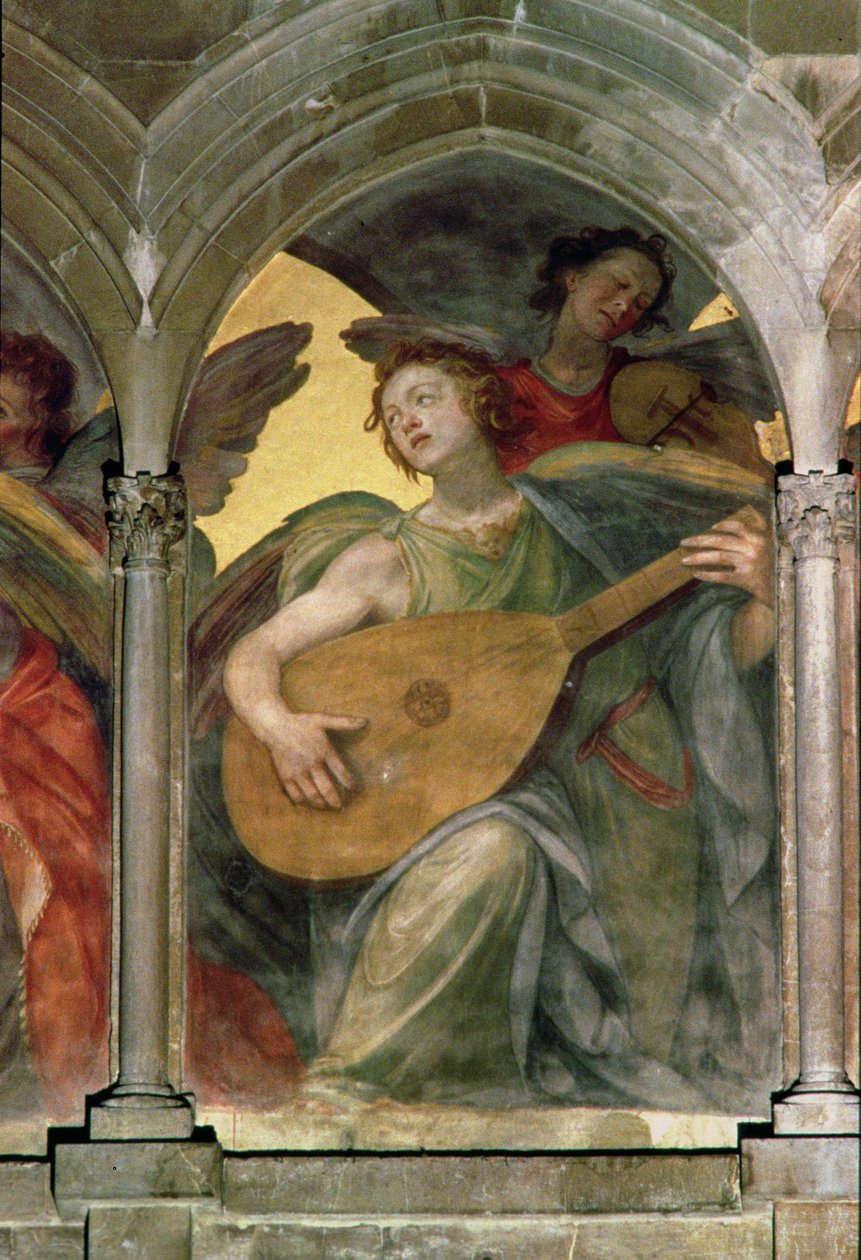 Musikalsk engel i et trompe loeil-kloster, detalje af en engel, der spiller mandolin, fra den indre vestfacade-fresko-detalje af 100329 af Santi di Tito