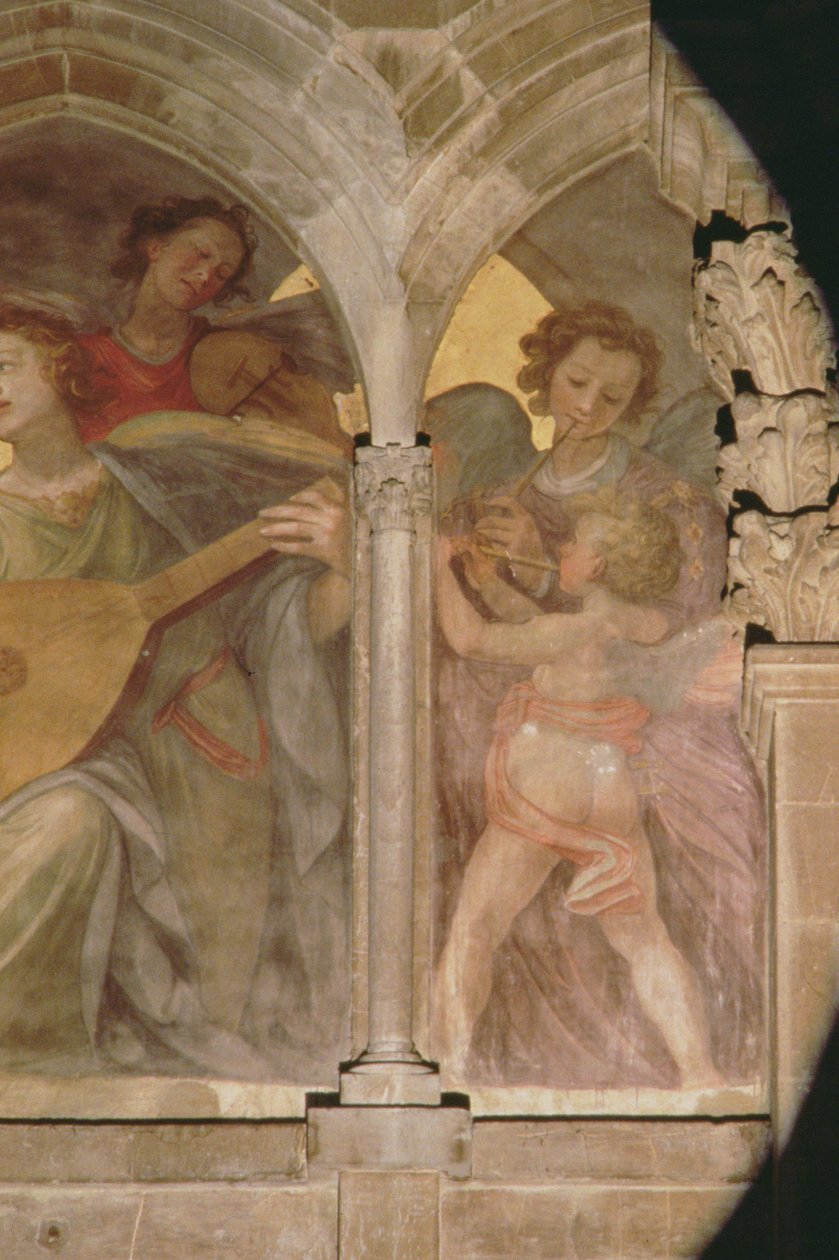 Musikalske engle med et trompe loeil kloster, detalje af kerub, der spiller på fløjte, fra den indre vestfacade fresco detalje af 100329 af Santi di Tito