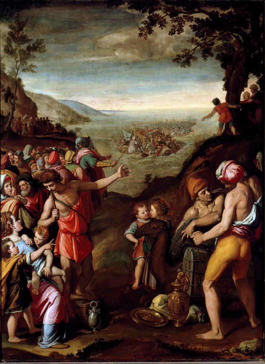 Rødehavets passage Det hebraiske folk, der flygter fra Egypten, krydser Det Røde Hav, ledet af Moses. Maleri af Santi di Tito (1536-1603) Firenze, kabinet af Francois I, Palazzo Vecchio af Santi di Tito