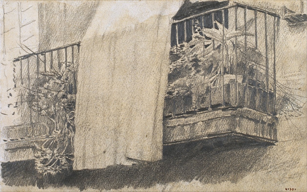 Altan med blomster og gardin af Santiago Rusiñol