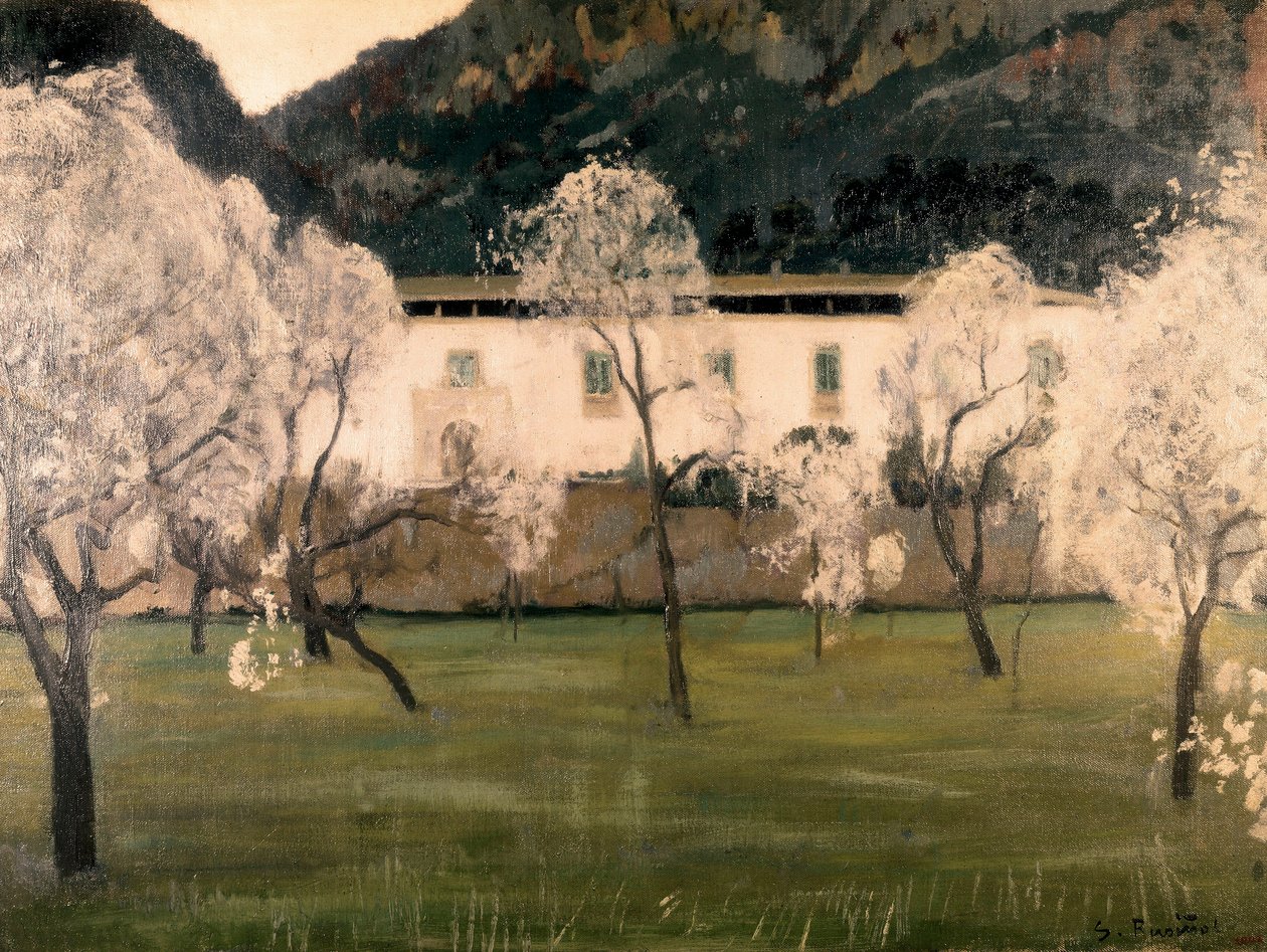 Landskab med blomster i træer. Maleri af Santiago Rusinol y (i) Prats (1861-1931). Olie på lærred Barcelona. Cataloniens nationalmuseum for kunst. af Santiago Rusinol i Prats