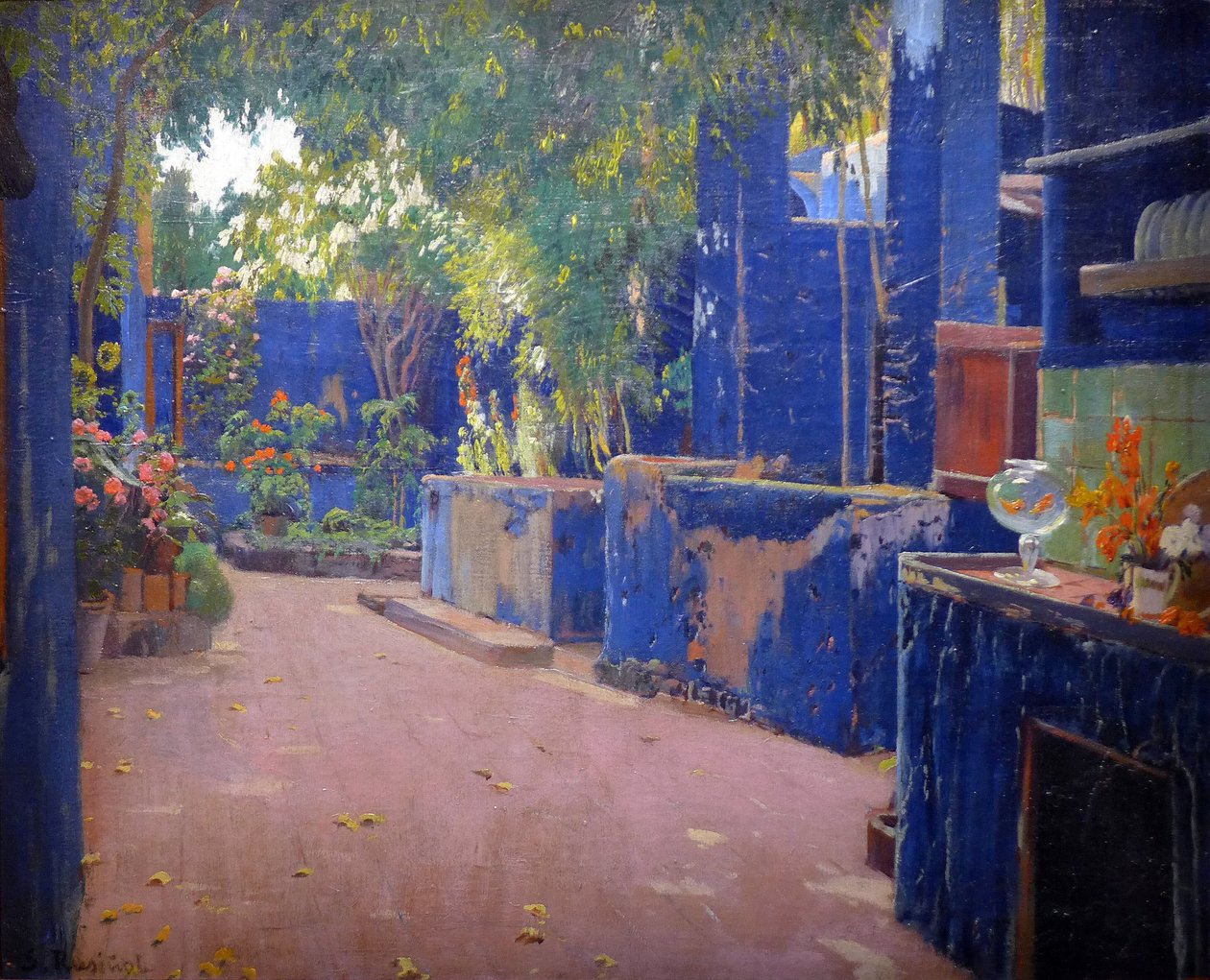 The Blue Patio - (El patio azul, Sitges) - Maleri af Santiago Rusinol y (i) Prats (1861-1931) 1913. Barcelona (Barcelona) National Art Museum of Cataluna - Gusman/Leemage af Santiago Rusinol i Prats