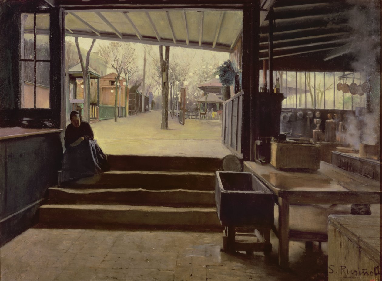 Køkkenet eller laboratoriet i Moulin de la Galette, Paris (olie på lærred) af Santiago Rusinol i Prats