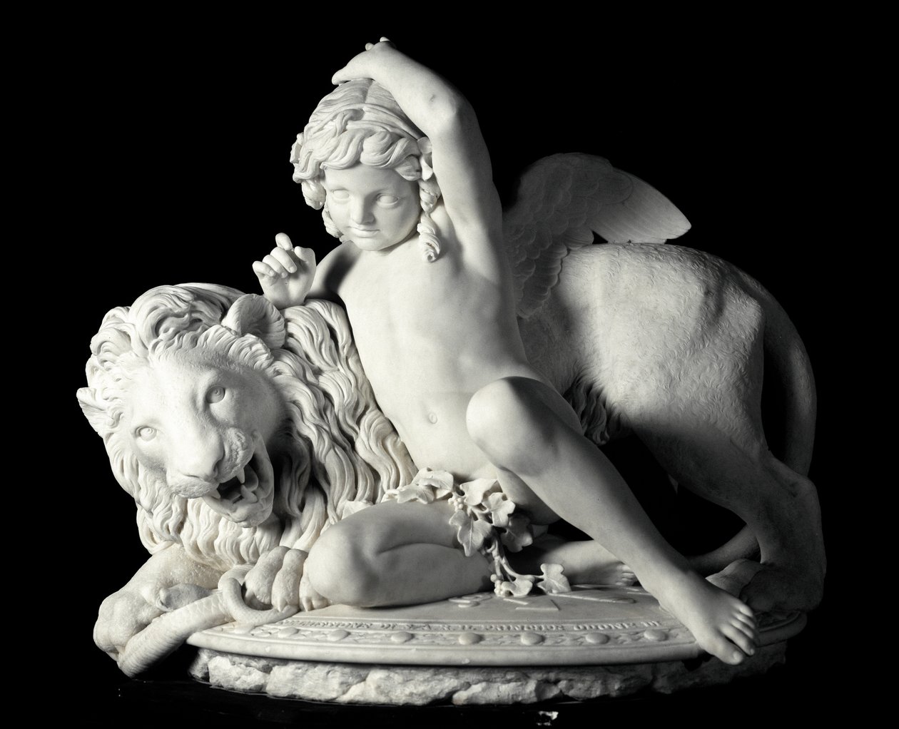 Love Mastering the Force Marble Sculpture af Santo Varni (1807-1885) 1865. Dim. 85x90x62 cm Fra Prince Odon di savoias samling. Genes, Galleria d