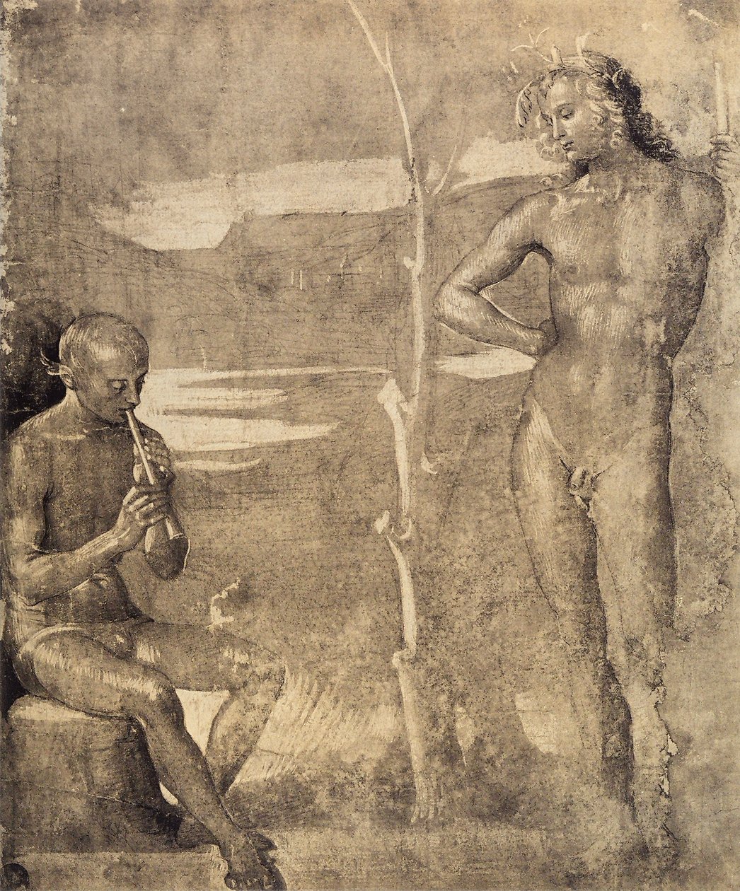 Forberedende tegning til Apollo og Marsia, 1490-92 (pen og blæk med vask på papir) af Raffaello Sanzio Raphael