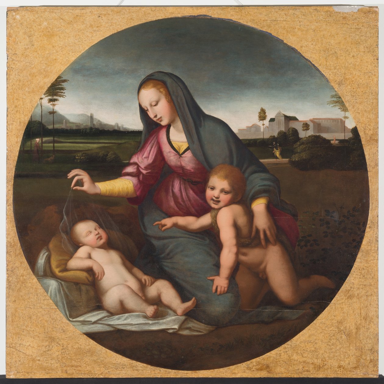 Madonna og barn med den unge St. John, ca. 1500 (olie på træ) af Sanzio of Urbino (follower of) Raphael