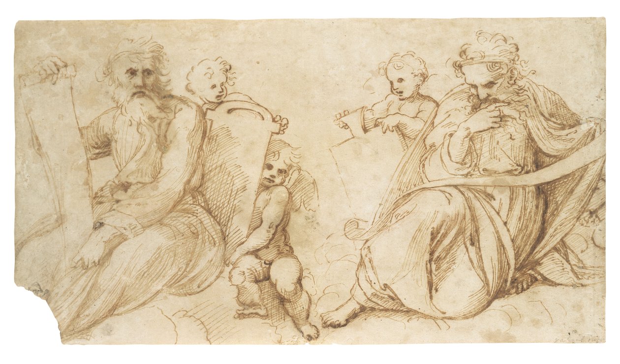 To profeter med skriftruller siddende med putti og holder tabletter af Sanzio of Urbino Raphael