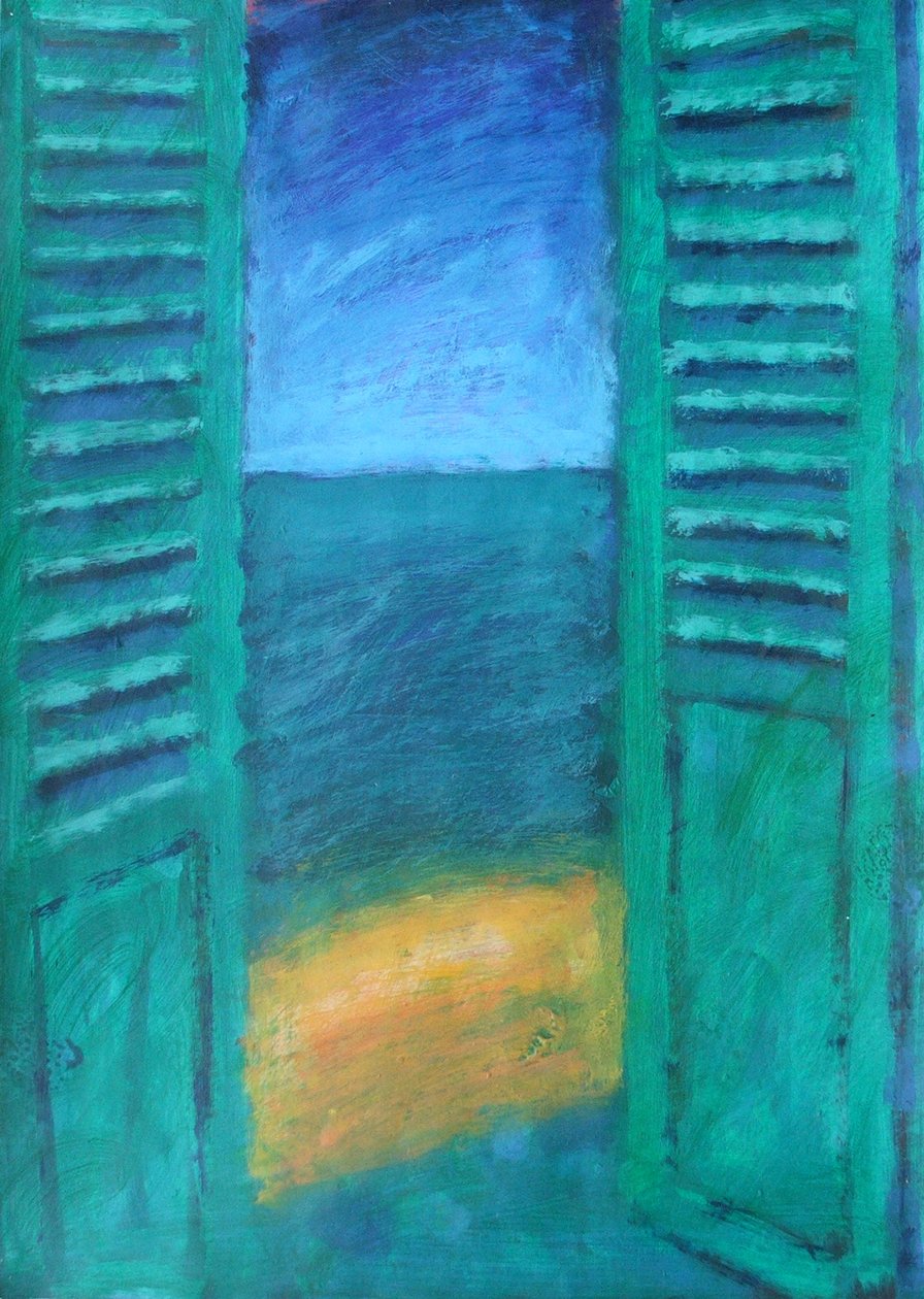 Green Shutters (akryl på plade) af Sara Hayward