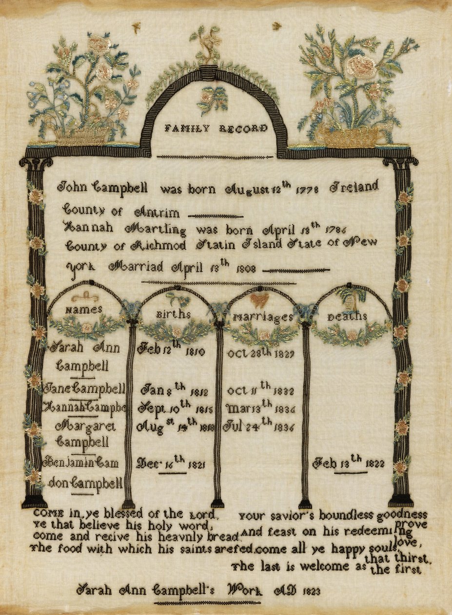 Familie register sampler af Sarah Ann Campbell