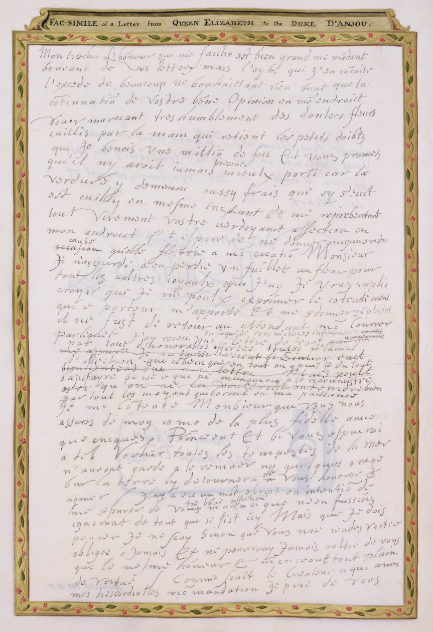 Facsimile af et brev fra Elizabeth I til Francois de Valois, Duc d