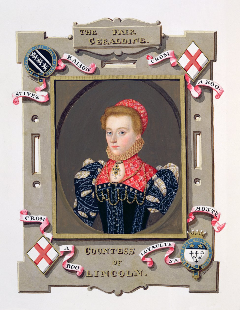 Portræt af Elizabeth Fitzgerald (ca.1528-89) grevinde af Lincoln fra "Memoirs of the Court of the Queen Elizabeth of Queen Elizabeth" efter et portræt af Stephen van der Meulen (1632-1690), udgivet i 1825 (wc og gouac) af Sarah Countess of Essex