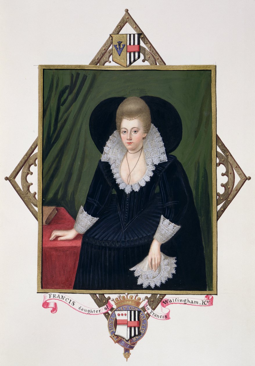 Portræt af Frances Walsingham, grevinde af Essex fra "Memoirs of the Court of Queen Elizabeth" efter et portræt af Wiliam Segar (fl.1585-d.1633), udgivet i 1825 (wc og gouache på papir) af Sarah Countess of Essex