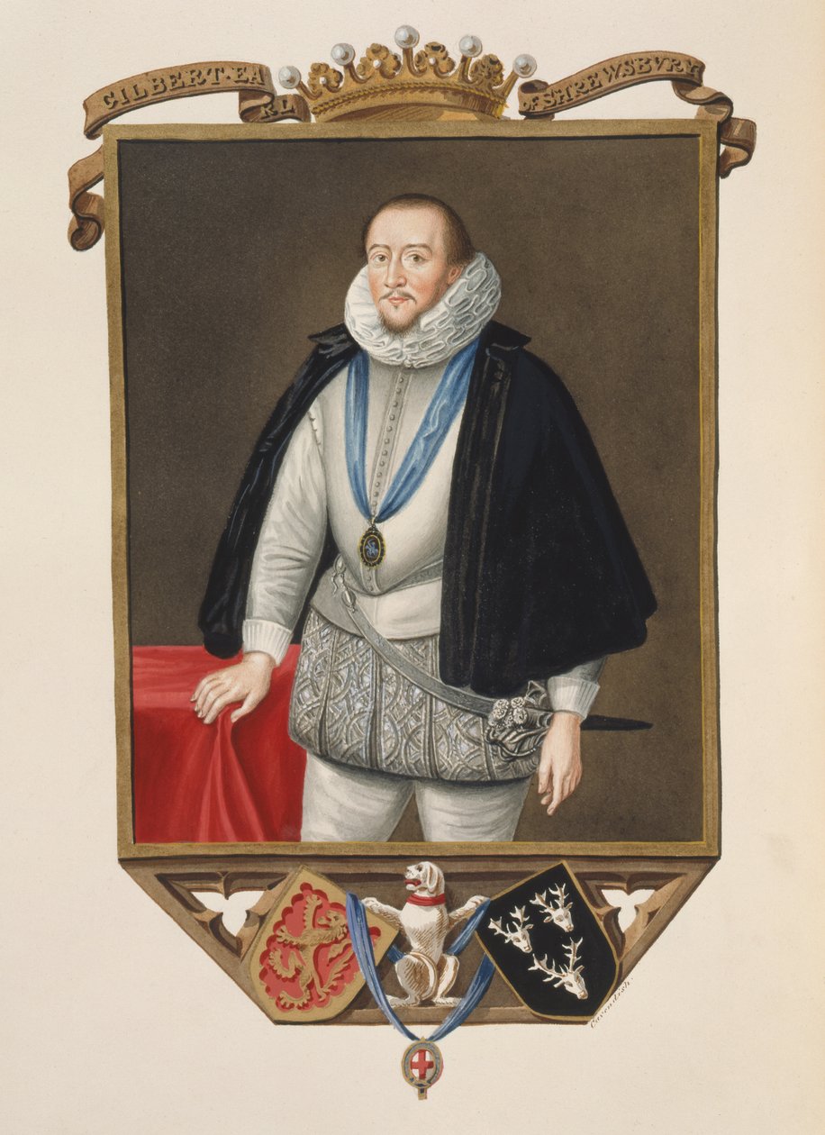 Portræt af Gilbert Talbot (1553-1616) 7. jarl af Shrewsbury fra Memoirs of the Court of Queen Elizabeth efter et portræt af Sir William Segar (d.1633), udgivet i 1825 (wc og gouache på papir) af Sarah Countess of Essex
