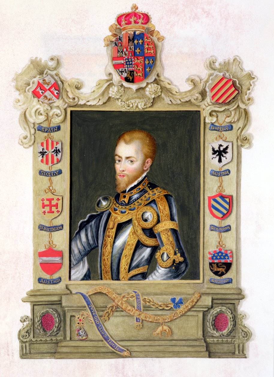 Portræt af Philip II, kong af Spanien (1527-98) fra "Memoirs of the Court of the Queen Elizabeth" efter et portræt af Titian (ca. 1488-1576), udgivet i 1825 (wc og gouache på papir) af Sarah Countess of Essex
