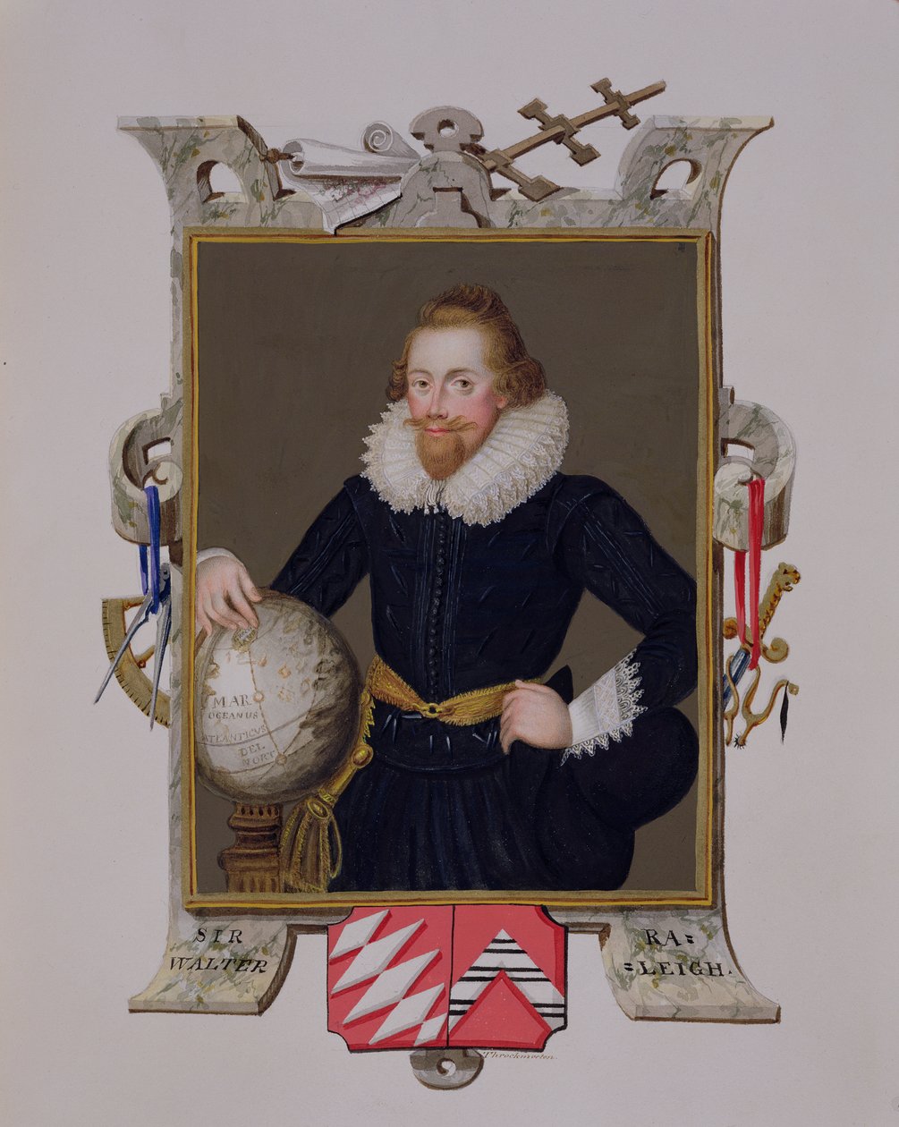 Portræt af Sir Walter Raleigh (ca. 1552-1618) fra "Memoirs of the Court of the Queen Elizabeth of the Court of Queen Elizabeth", udgivet i 1825 (wc og gouache på papir) af Sarah Countess of Essex