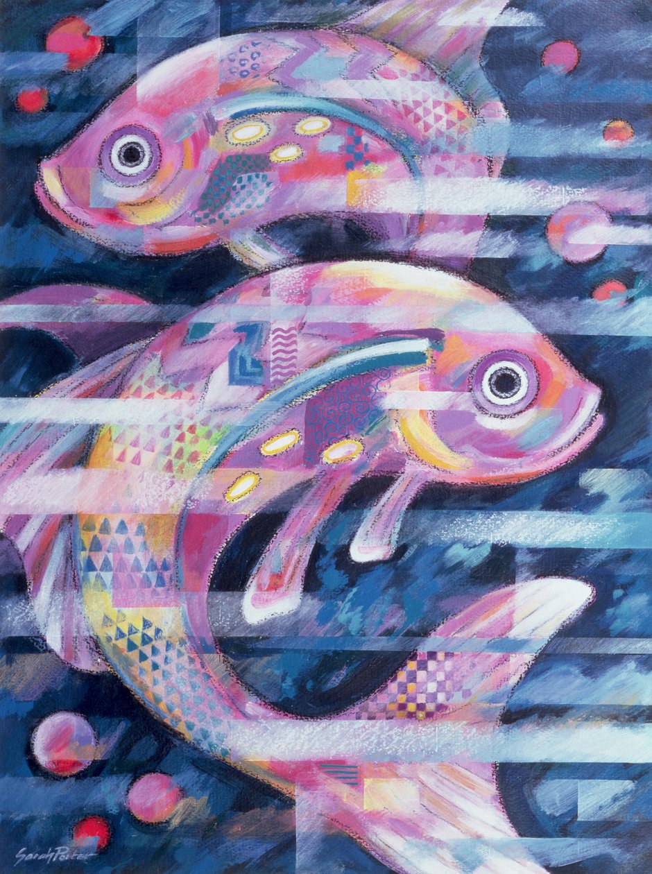 Fishstream (akryl og oliepastel på papir) af Sarah Porter