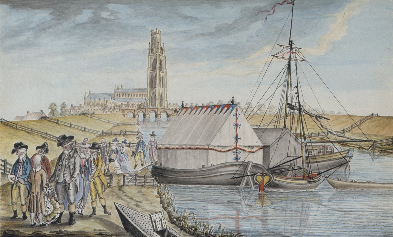 Weighing the Fish after a Haul, 1791 fra Sir Joseph Banks Fishery Book of the River Wytham i Lincolnshire, udgivet i 1784-96 (pen & blæk, med wc & gouache på papir) af Sarah Sophia Banks