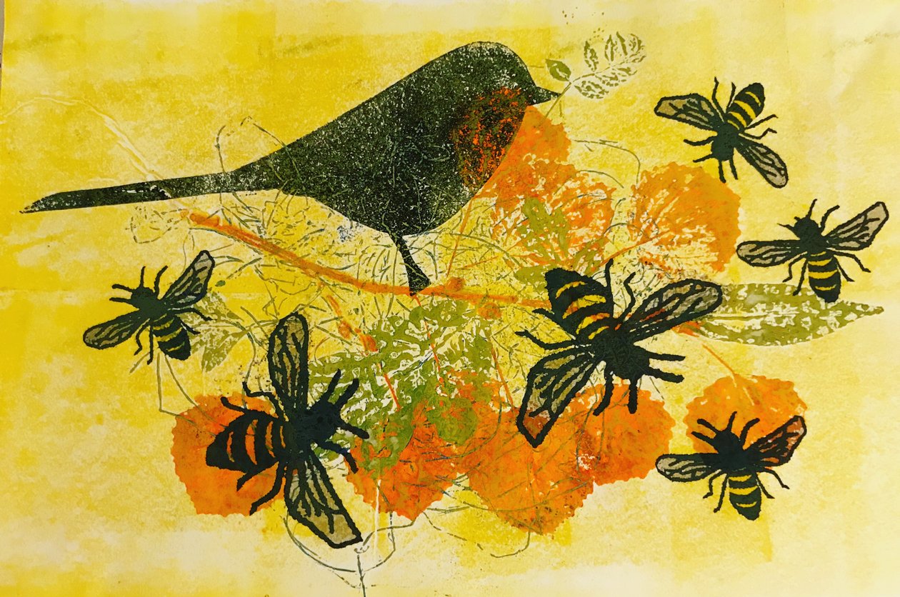 Fugle og bier (monoprint på papir) af Sarah Thompson Engels
