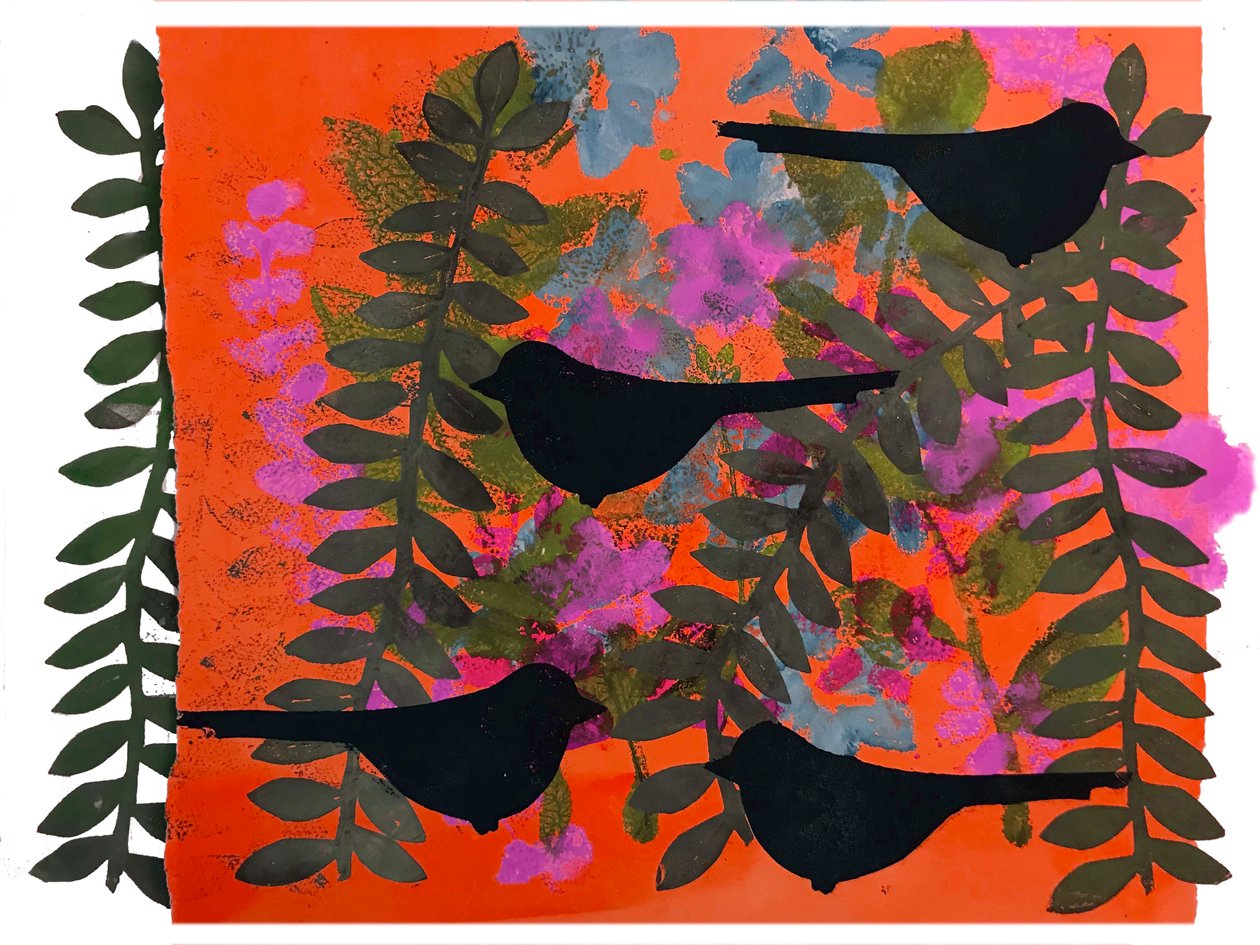 Fire solsorte (monoprint på papir) af Sarah Thompson-Engels