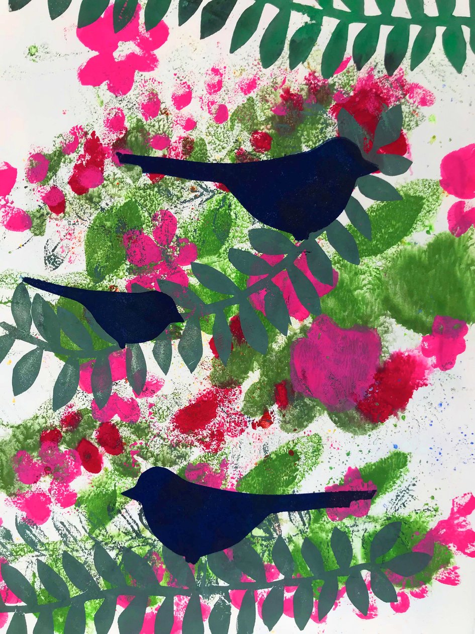 Tre solsorte (monoprint på papir) af Sarah Thompson Engels