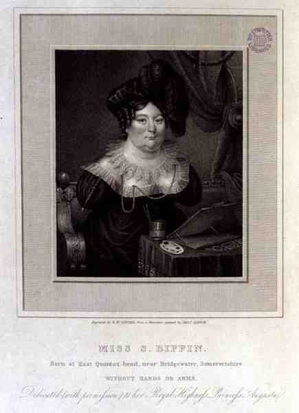 Miss S. Biffin, født i East Quantox-head, nær Bridgewater, Somersetshire, uden hænder eller arme, indgraveret af R.W. Sievier af Sarah (after) Biffin